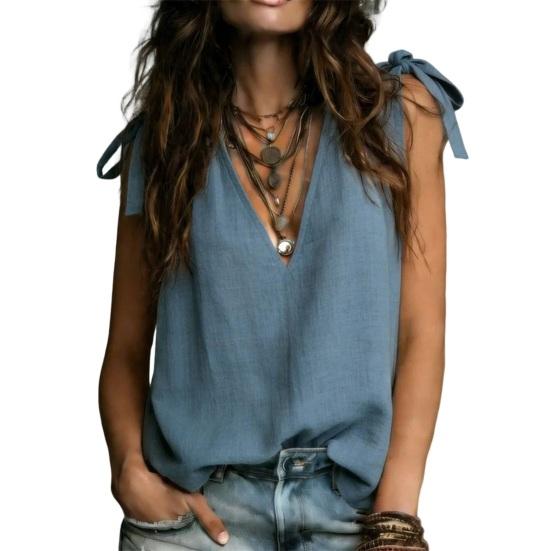 

Women Tops V-Neck Sleeveless Tie Detail Bohemian Lace-Up Tunic Shirt Solid Color Soft Fabric XXL синій