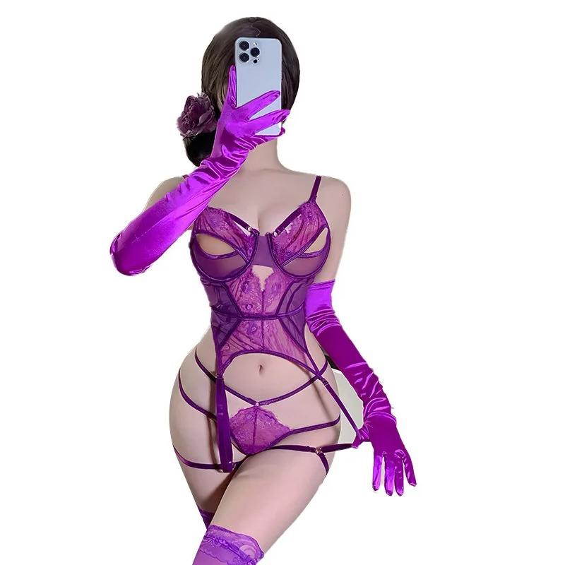 Sexy Lingerie Purple Uniform Hollow Backless Breathable For Women Rompers Clothing Body Suits Lace Jumpsuit Fashion Women EGH8
