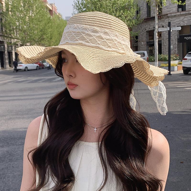 Bow Lace Straw Hat Women's Summer Seaside Beach Basin Hat Big Brim Outdoor Vacation Sun Hat