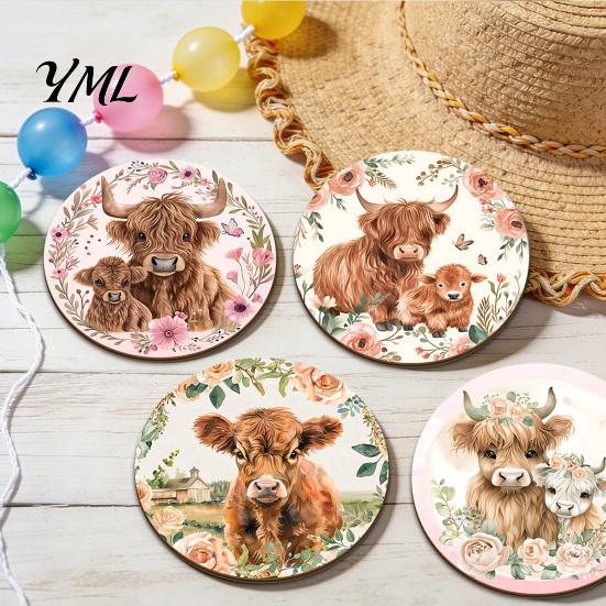 Scratch Resistant Desktop Pads Highland Cow Cork Coasters, Cute Floral Farmhouse Drink Mats with Decorative Home Kitchen Accessories Non-Slip