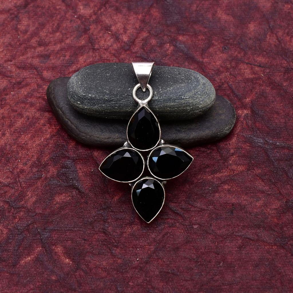 Black Onyx Gemstone Cross Shape Pendant : 925 Sterling Silver Handmade Jewelry Pendant