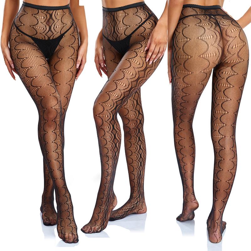 High Elastic Black Hollowed Lace Fishnet Patterned Tights For Women Soft Nylon Solid Color Sweet Panyhose Toe Reinforcement