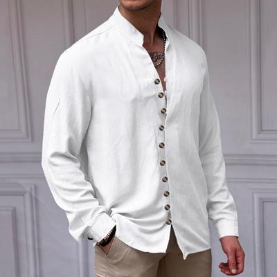 Fall Spring Men Shirt Turn-down Collar Stand Collar Loose Long Sleeves Button Cardigan Mid Length Ethnic Style Casual Daily Wear
