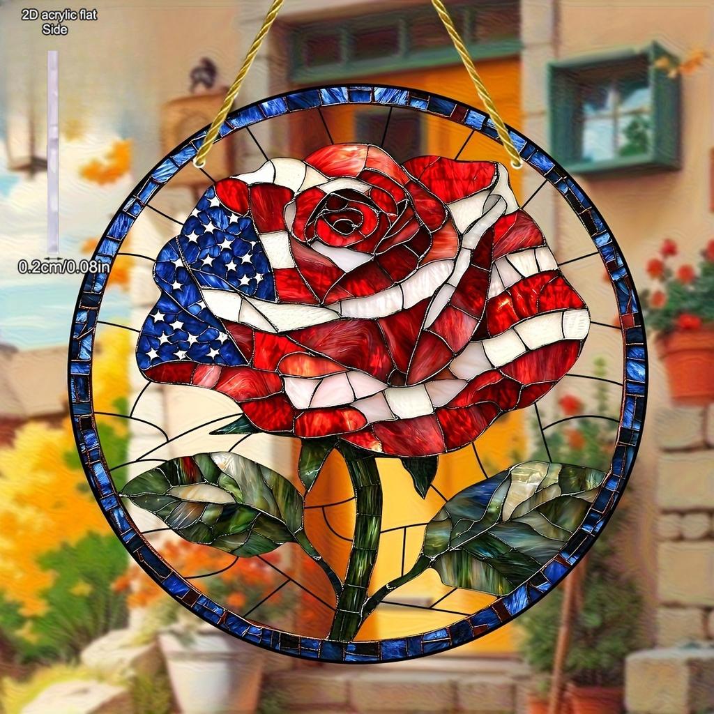 American Flag Rose Theme Sun Catcher Acrylic Hang Sign, Nurseries, Vintage Home Decor Wall for Bar Kitchen, Restaurant Shop Wall Decor, Garden Decorat