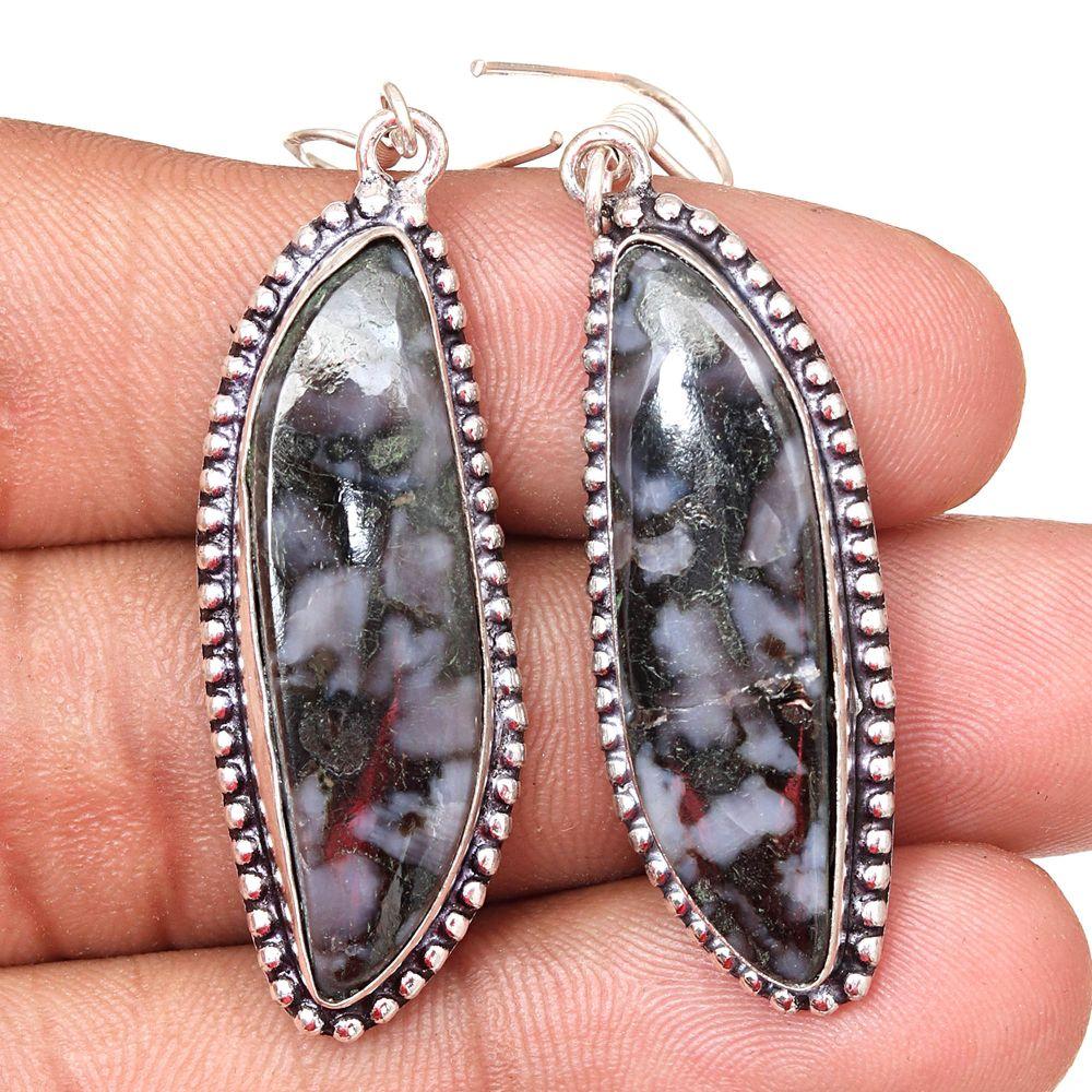 Larvikite Jasper Gemstone Handmade Silver Jewelry Earrings 1.5''