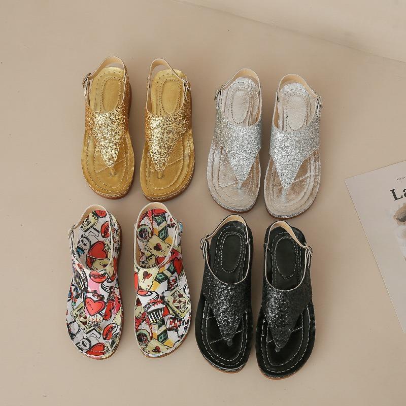 Herringbone sandals summer new thick-soled wedge heel toe women's shoes buckle casual sequins retro large size sandals