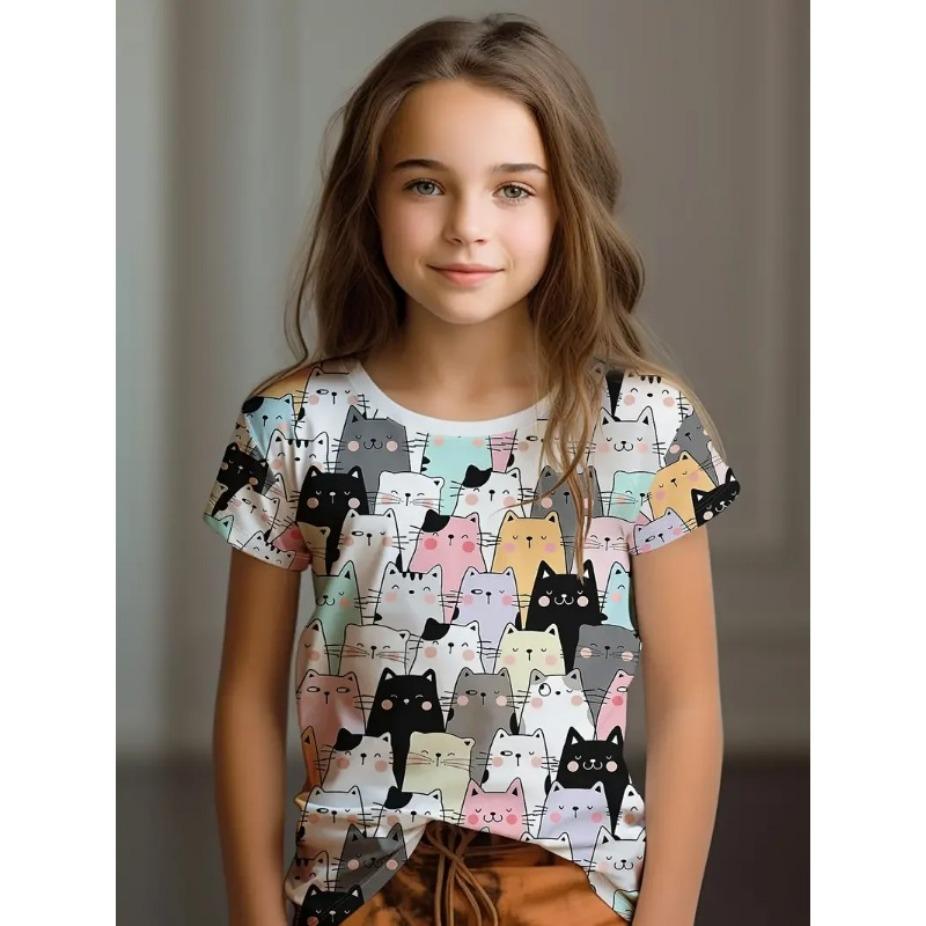 Kids Clothes Children's T-Shirt Girl Short Sleeve Top Cartoon Cat Girls Summer Clothes Child T-Shirt  Children's Clothing