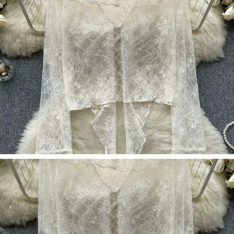 Cardigan estivo in chiffon da donna - Pizzo con balze, Chiusura con laccio sul davanti, Maniche a campana, Sciarpa parasole.