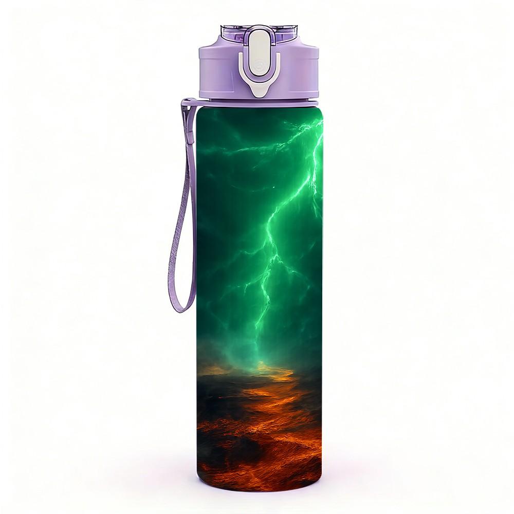 1PC Dark Sky Green Lightning Storm Print 750ml Color Plastic Sports Water Bottle Leakproof Flip Straw Lid Suitable for Sports Office Home Use