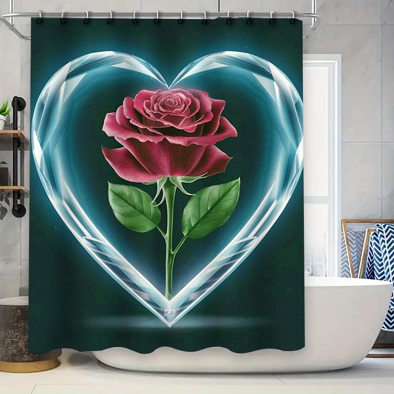 Romantic Heart Rose Shower Curtain - Waterproof, Mildew-Resistant, Machine Washable For Valentine'S Day Bathroom Decor