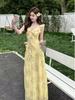 Yellow Floral French Style Slim Bodycon Tea Length Summer Dress