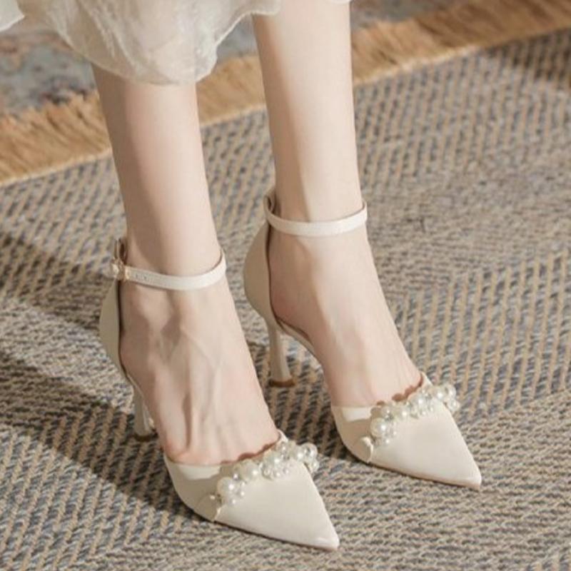2025 Summer Celebrity Women's High Heels Fashion Pointed Toe Pearl Chain High Heel Sandals Dress Banquet Wedding Shoes