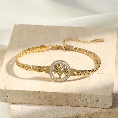 Clear Zircon Tree of Life Round Charm Bracelet For Women Fashion Stainless Steel Gold Color Wrist Chain Luxury Zircon Gift