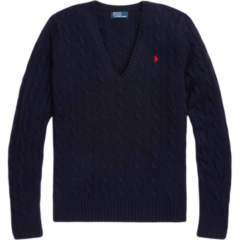 

Polo Ralph Lauren Однотонный пуловер с V-образным вырезом и принтом значка, свитер с длинным рукавом, женский свитер, темно-синий WMPOSWENC020782-400 XS