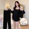 Four-Piece Women's Modal Pajama Set: Bra Camisole, Shorts, Long-Sleeved Top, Long Pants with Cute Cartoon Design.