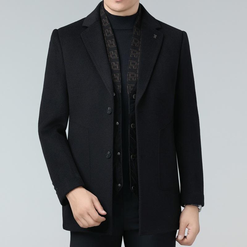 Double-sided cashmere coat for men, mid-length winter daddy outfit, middle-aged woolen scarf collar, thickened down gallbladder coat