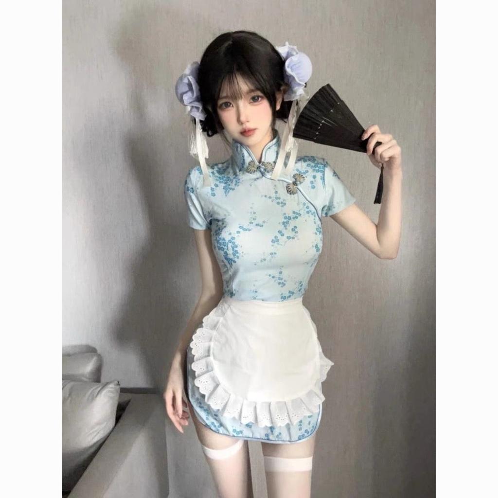 New Chinese Lady Cheongsam Apron Dress Maid Pack Two-piece Maid Japanese Vintage Skirt Short Dress Dress