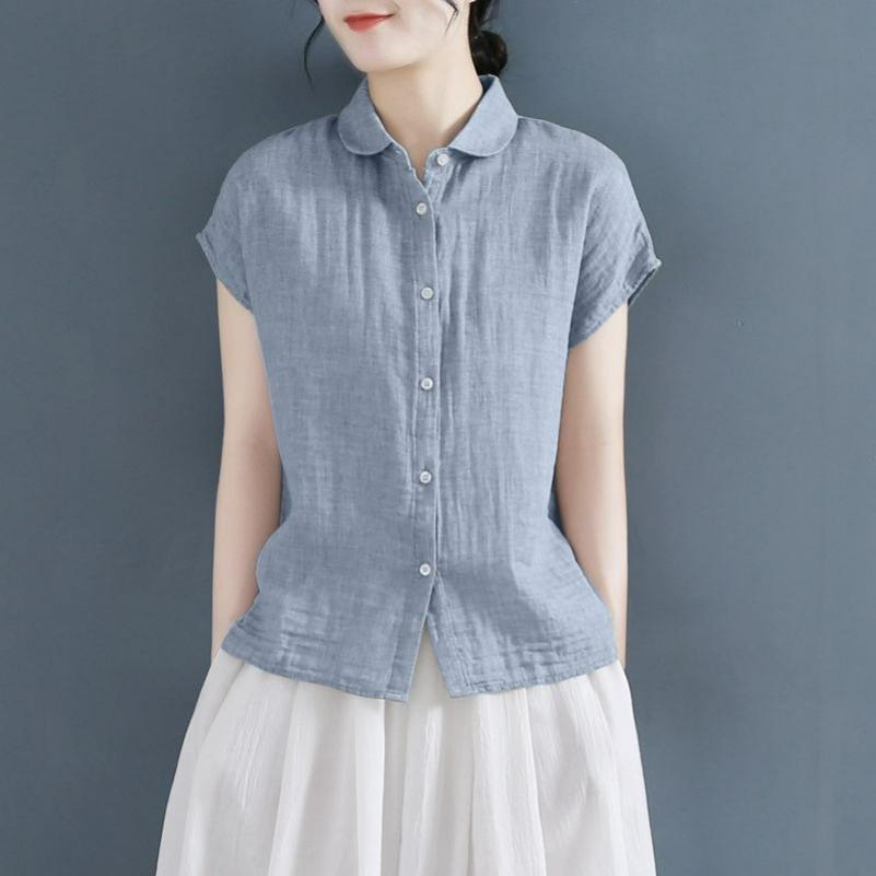 Cotton and Linen Shirt Ladies Sleeveless Blouse Summer Literary Casual Large Size Temperament Fashion Solid Color All-match Short-sleeved Shirt