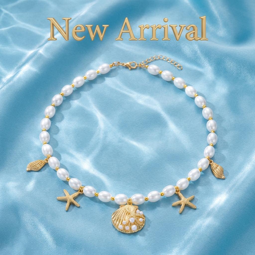 Trendy Elegant Imitation Pearl Metal Pendant Necklace for Women Ocean Shell Starfish Conch Choker Necklace Vacation Jewelry Gift