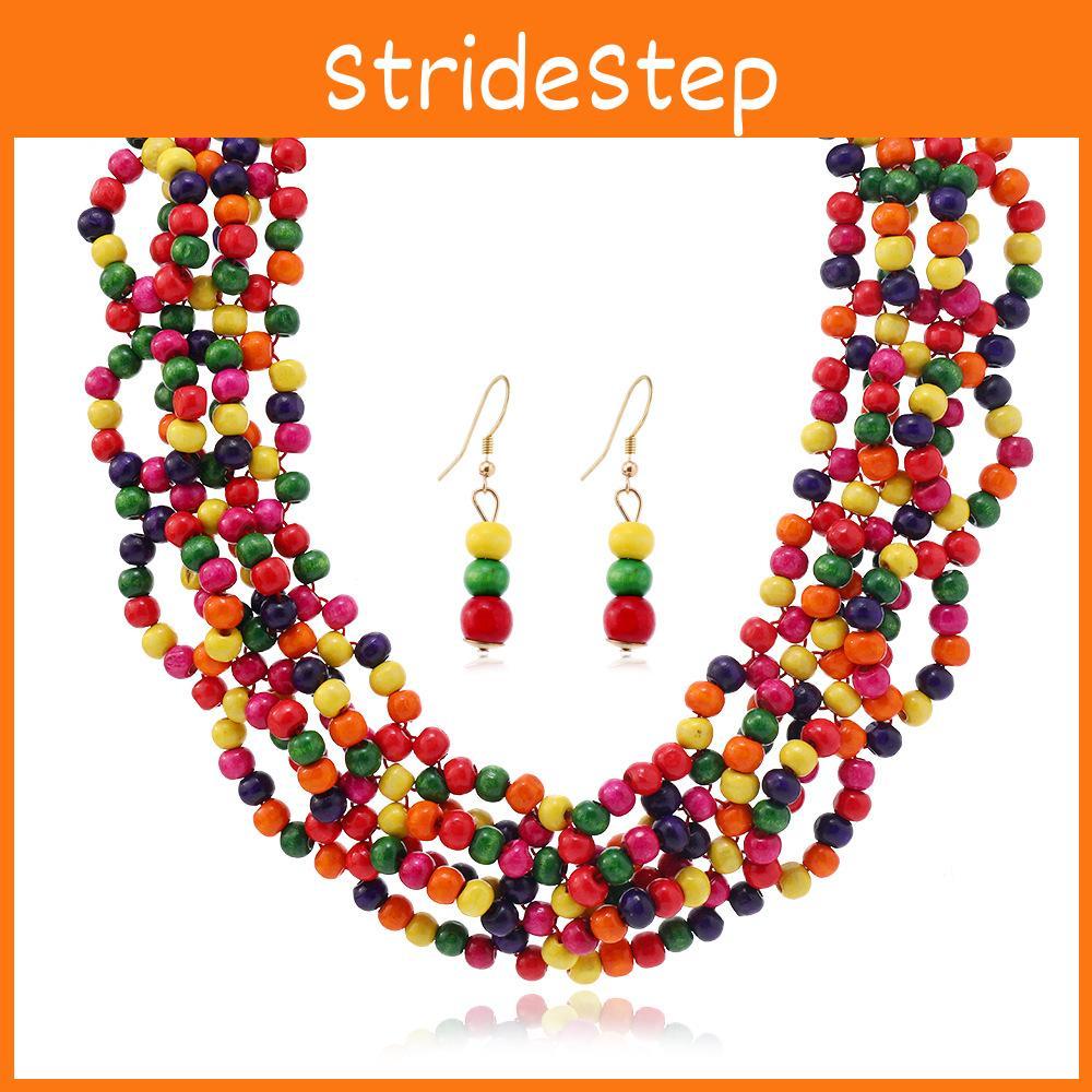 Bead Bohemian Wooden Tassel Necklace And Earring Set For Accessory Fashion