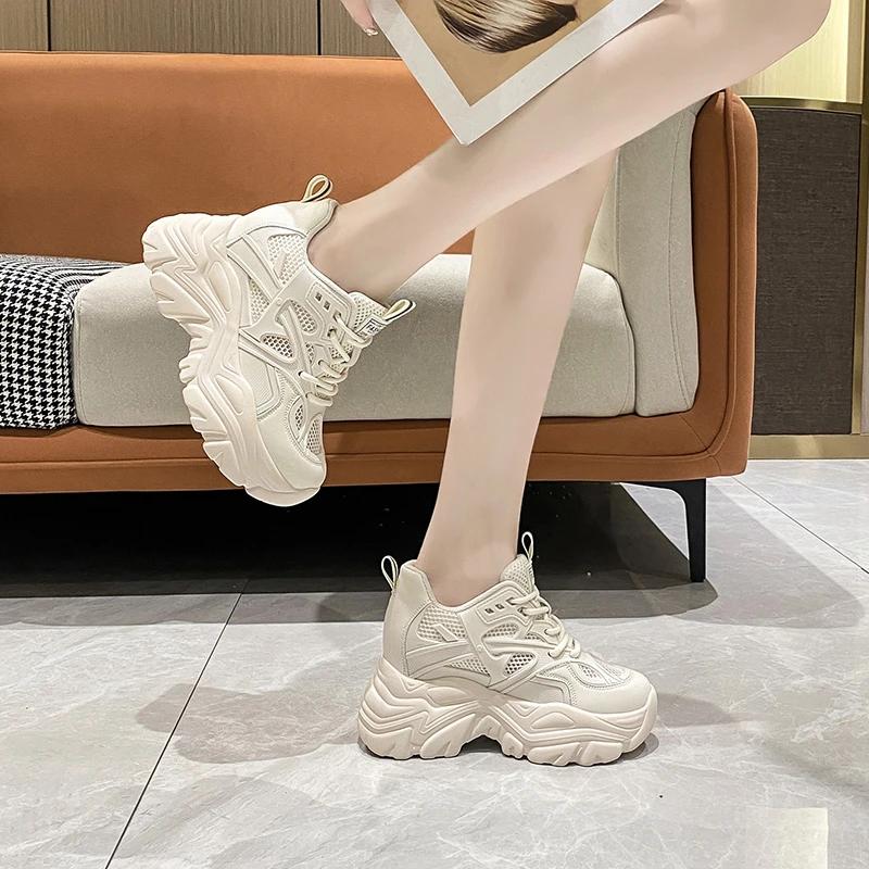 Fashion Spring Breathable Mesh Sneakers Hidden Increasing Sport Shoes Woman Wedge Casual Chunky Shoes High Platform Shoes 8.5CM Autumn