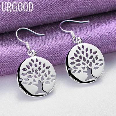 Runde Tropfenohrringe aus 925er-Sterlingsilber mit Baummuster, Schmuck