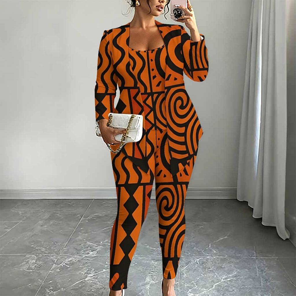 Plus Size Geometric Pattern Print 3 Piece Outfit, Long Sleeve Open Front Cardigan Cami Top Leggings Set for Women