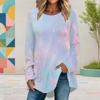 Women Plus Size Round Neck Long Sleeve Rainbow Galaxy Printed Loose High Low Hem Shirt