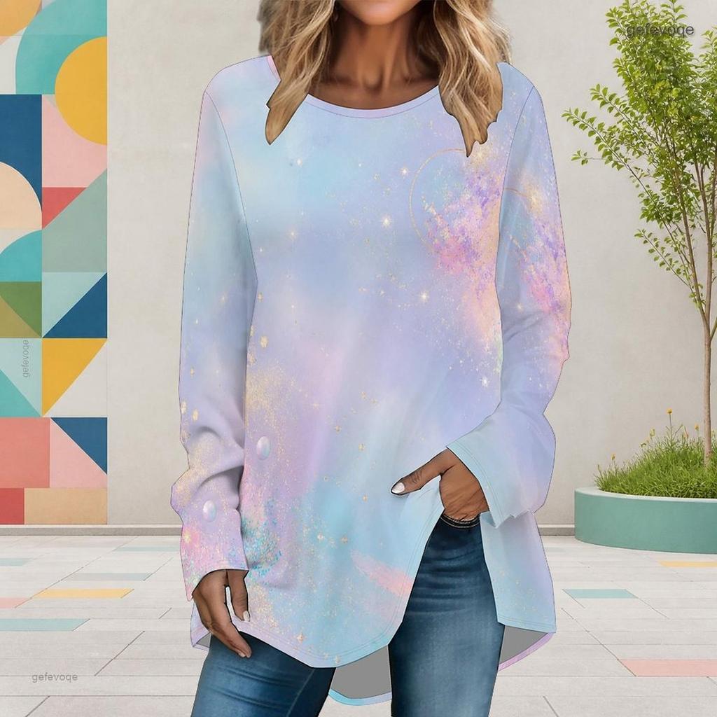Women Plus Size Round Neck Long Sleeve Rainbow Galaxy Printed Loose High Low Hem Shirt