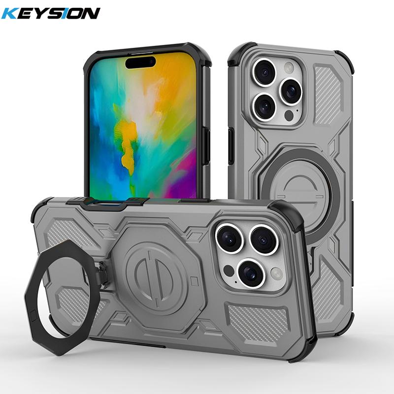 KEYSION Shockproof Magnetic Case for iPhone 16 Pro Max Upright Live Metal Ring Stand Phone Cover for iPhone 15 Pro Max
