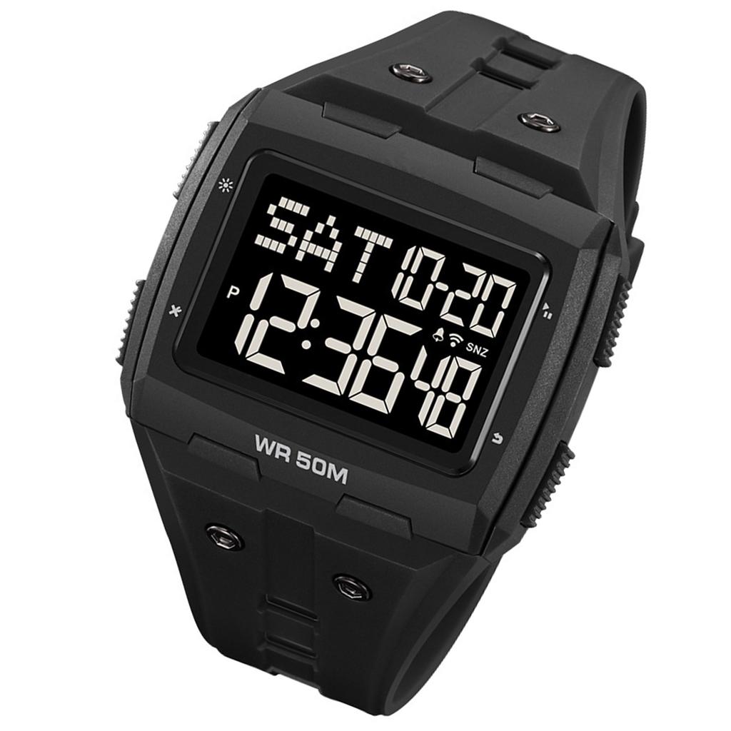 Digital Sports Watch Dual Time Display Night Light Adjustable TPR Band Outdoor Waterproof Watch for Men Women Black Silver