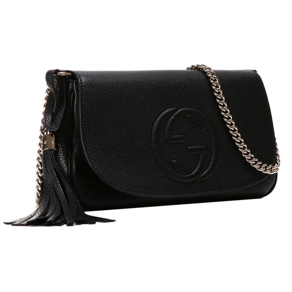 Gucci Impressed Logo Chain Tassel Leather Crossbody Shoulder Bag Women bags Black 536224-A7M0G-1000