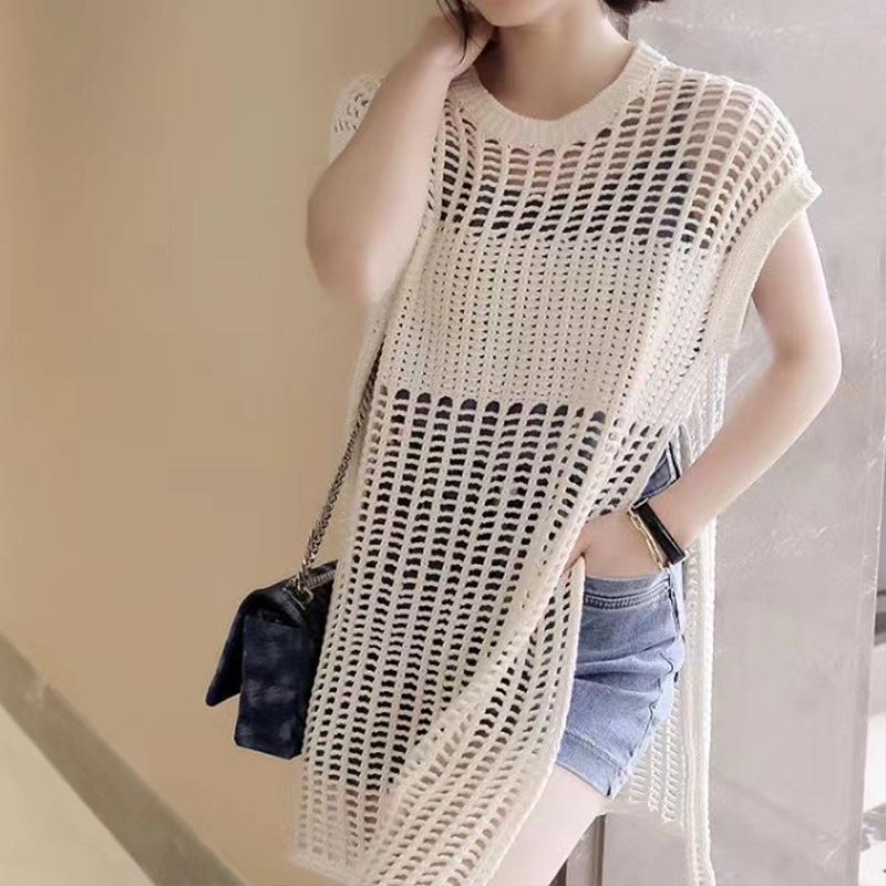 New Summer Hollow-Out Knit Cover-Up: Women's Mid-Length Side Slit Fashionable Top/Dress