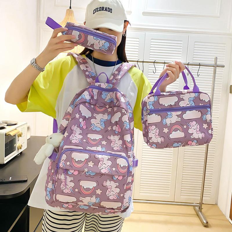 School bag new fashion nylon school bag for primary and secondary school students to reduce the burden, large capacity three-piece set