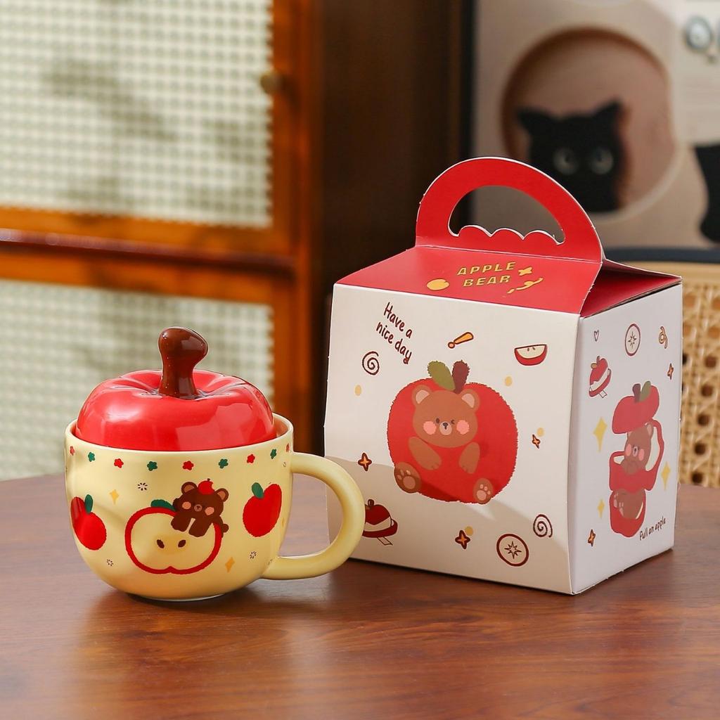 Creative Apple Ceramic Mug with Lid Retro Drinking Cup High Appearance Level Home Breakfast Cup Coffee Cup Souvenir
