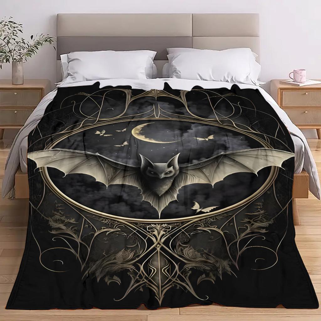 Bat and Moon Print Blanket, Gothic Fantasy Flannel Throw, Soft All Season Companion, Mysterious Night Theme Home Accent