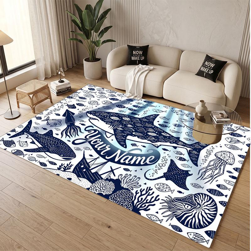 Fish Ocean Theme Soft Crystal Velvet Rug Custom Name & Text Print Non Slip Floor Rug for Bedroom Living Room