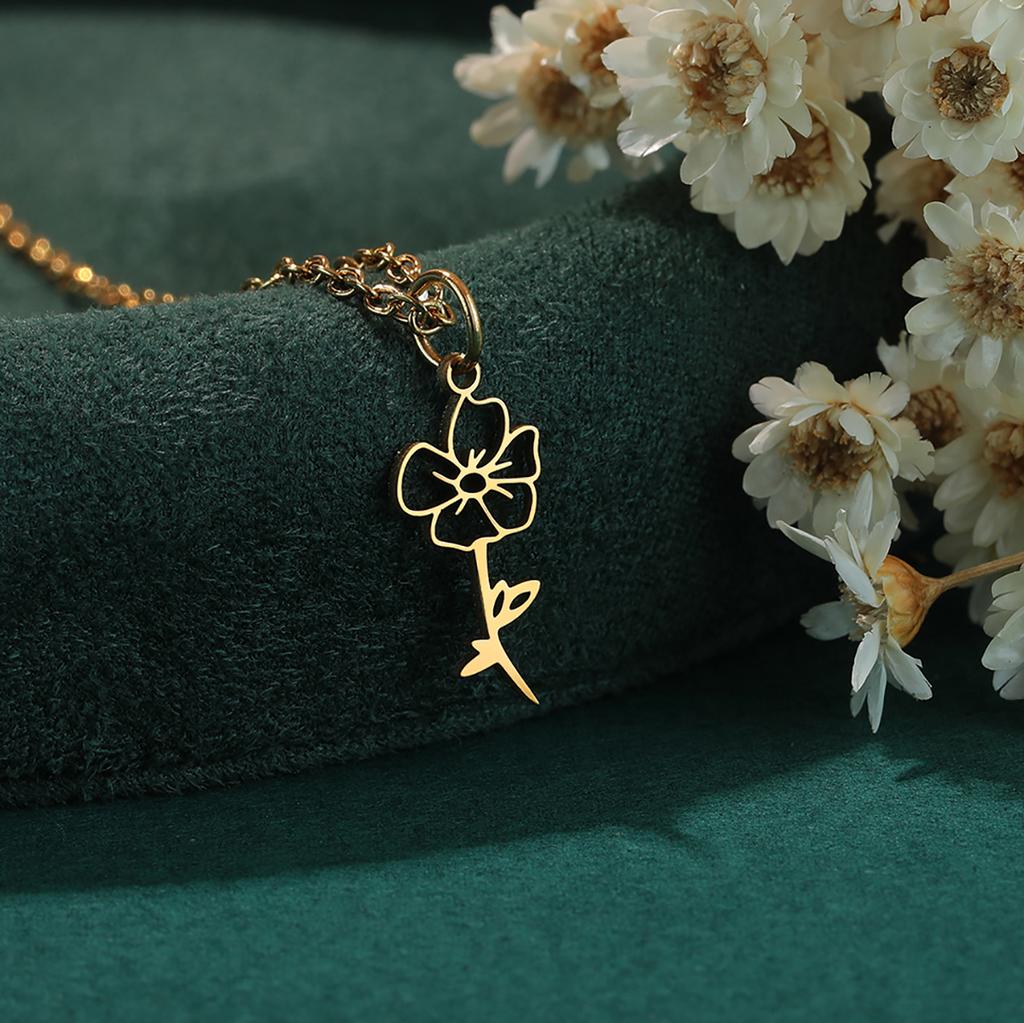 Kinitial Birth Flower Necklaces For Women Girls Stainless Steel 12 Month Flower Necklaces Birthday Jewelry Gift