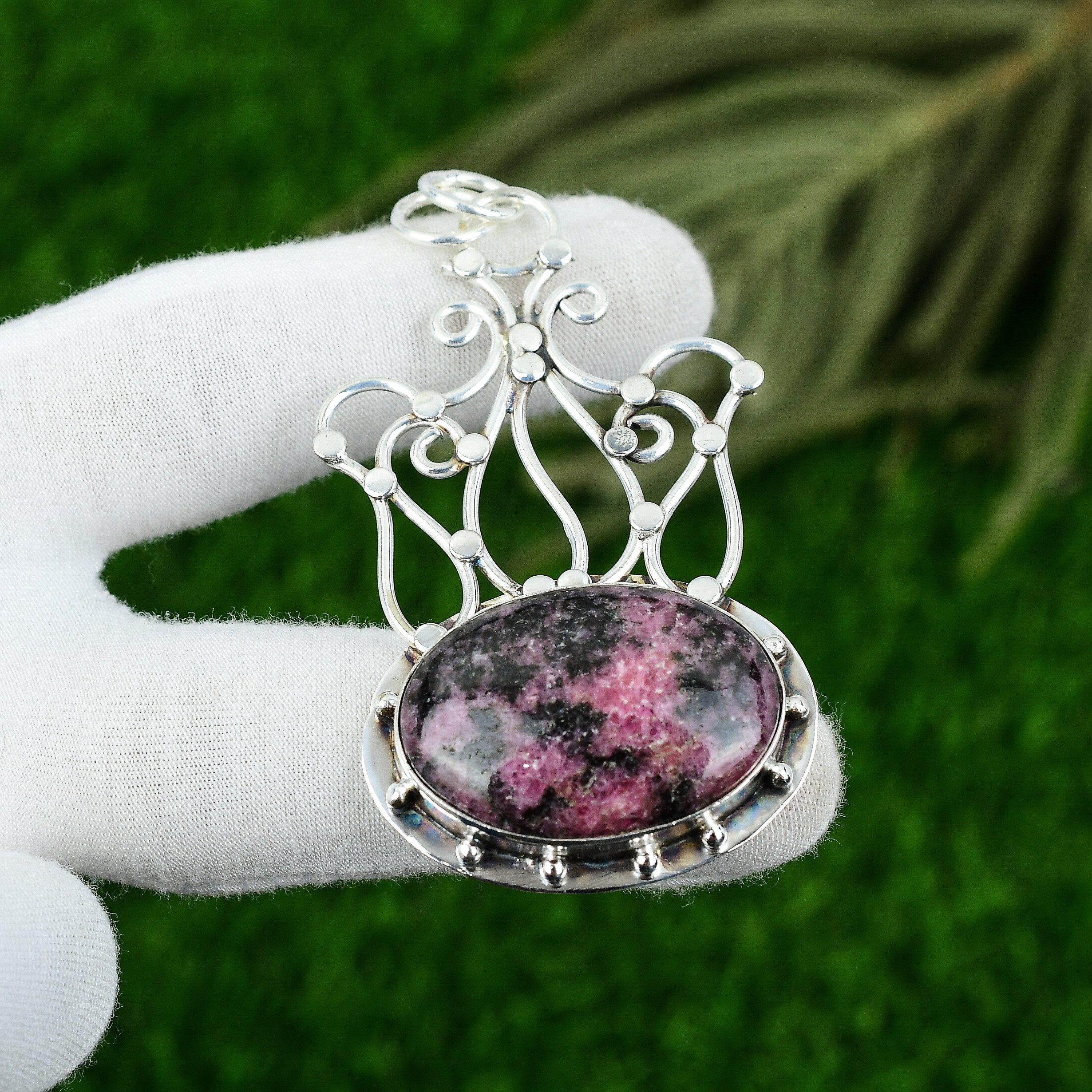 

Sterling Silver Oval Rhodonite Gemstone Anniversary Bezel Trendy Pendant Jewelry