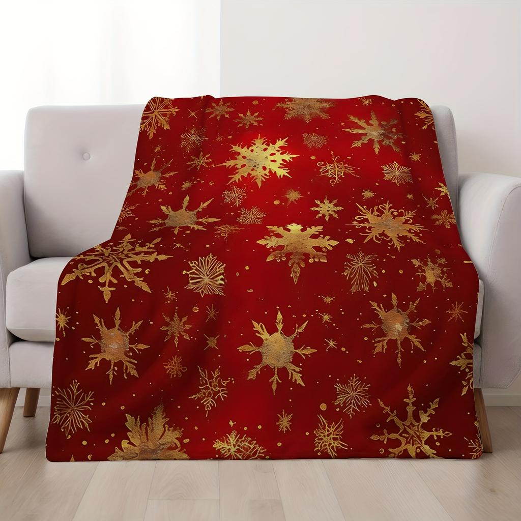 Luxurious Golden Snowflake Pattern Blanket - Red Gold Winter Throw, Soft Flannel, Elegant Home Decor Gift, All-Season