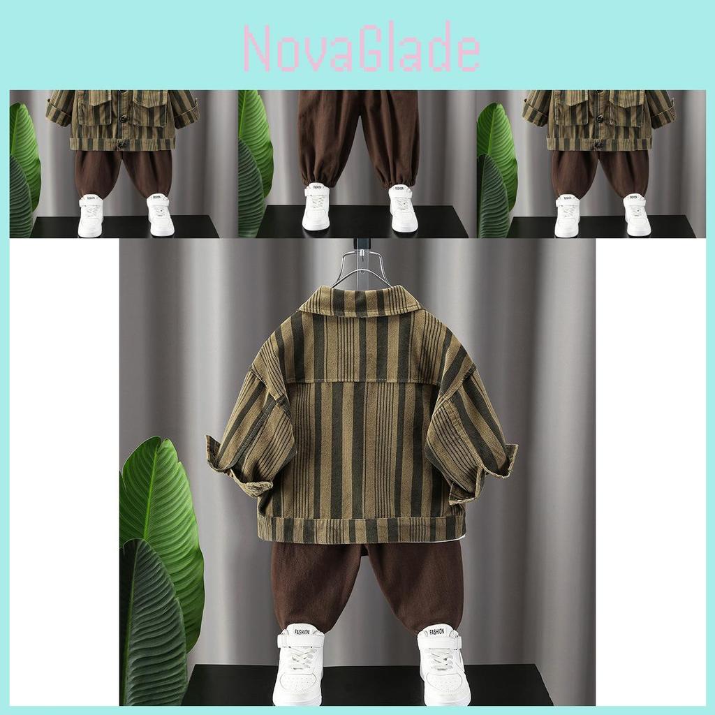 Stylish Cotton Two Piece Set For Boys Elegant Casual Striped Long Sleeve Shirt And Pants For Ages 3 To 8 In Khaki Color