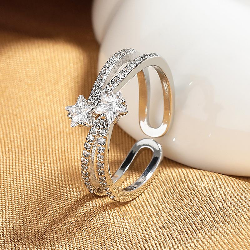 2026 Design Temperament Fashion Double-layer Star Surround Ring Opening Delicate Micro-inlaid Five-pointed Star Ring Women