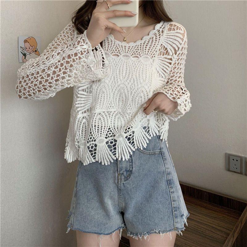 Hohlstrickbluse für Damen, Sommer, locker, dünn, Sonnenschutz, Klimaanlage, Hemd, einfarbig, schick, Spitze, kurzes Oberteil