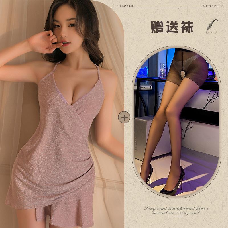 Erotic lingerie sexy shiny suspender slim pajamas hot deep V uniform pajamas