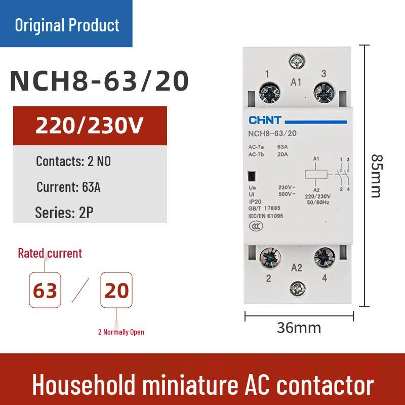 Chint Single-Phase AC Contactor NCH8-20/20, 20A, 240V, 2P, DIN Rail Mount