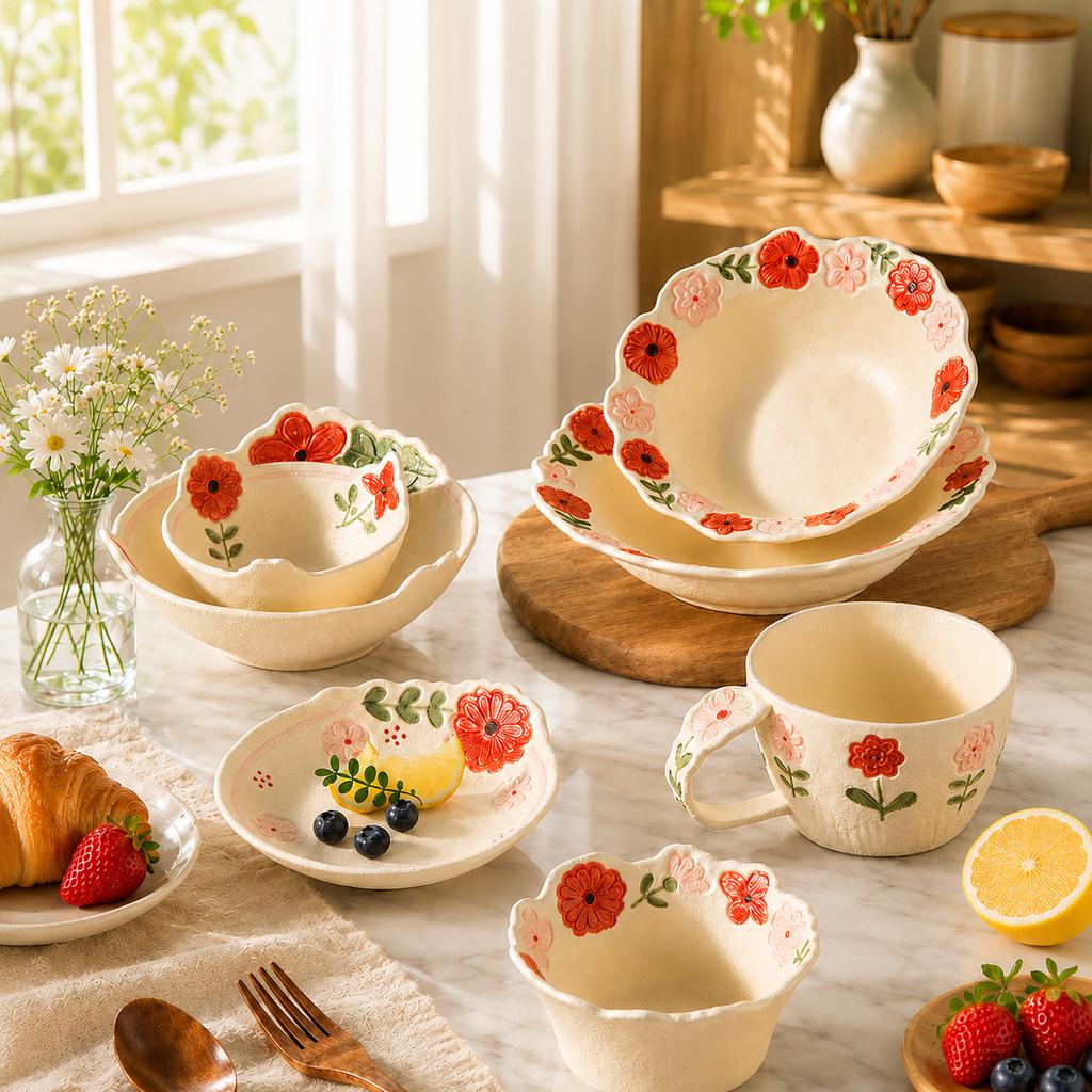 1. Spring Floral Ceramic Tableware, Cute Irregular Underglaze‑Color One‑Person Meal Bowl Plate Set Microwave‑Safe