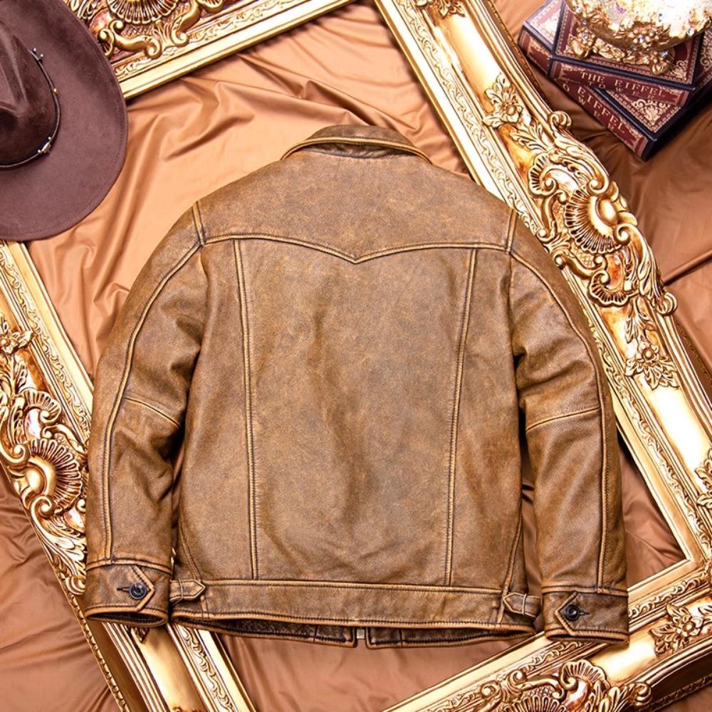 Chinese Size Vintage Men Leather Jacket Soft Genuine Cowhide Spring Autumn
