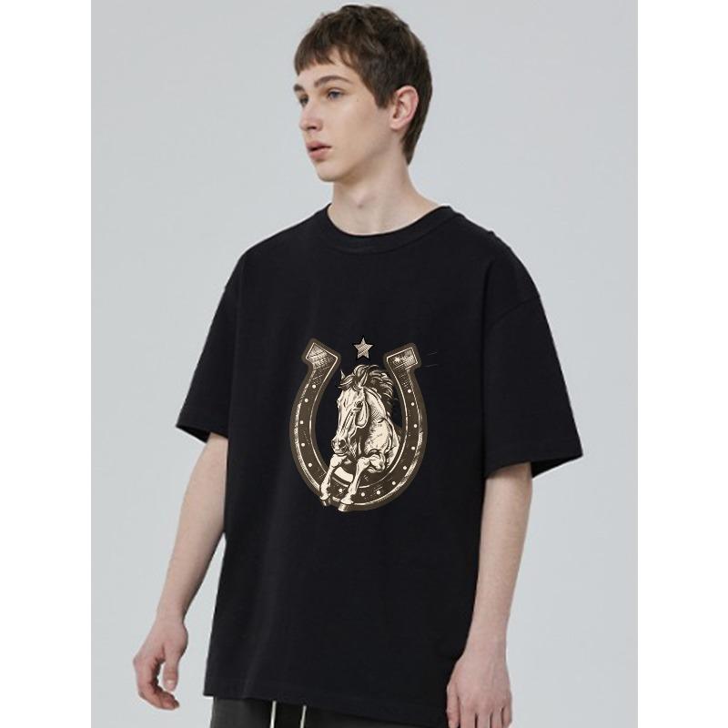 Black T Shirt Horse And Horseshoe Print Casual Wear For Men And Women