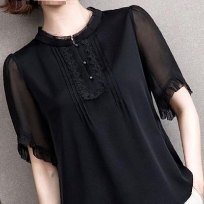 Chiffon Damen Sommer Kurzarm Übergröße Damen Oberteil Stilvolle Schlank machende Spitzenbluse Blusen & Hemden