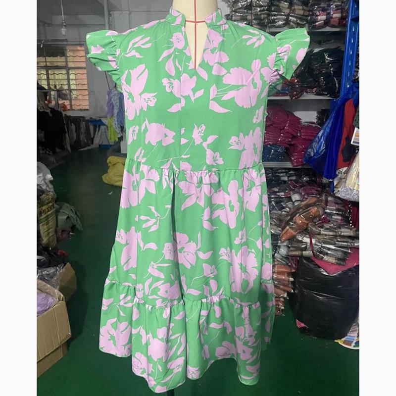 Spring Summer Ruffled Sleeve V-Neck Sexy Dress Women Loose Waist Printed Floral Short Dress Woman Fashion Vintage Elegant Casual Dresses 24515